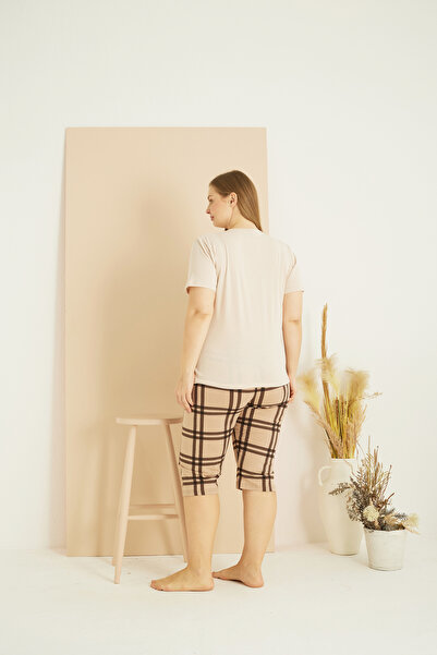 Siyah İnci Cream Color Patterned Curve Plus Size Oversize Cotton Capri Suit 25102759