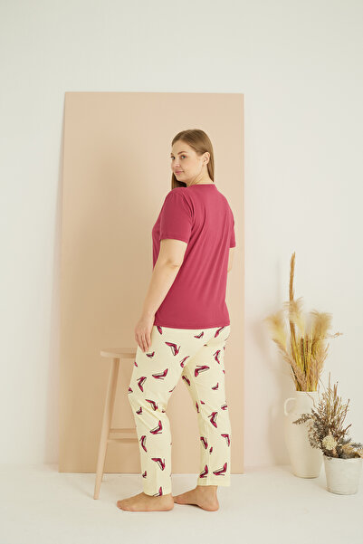 Siyah İnci Cherry Color Patterned Curve Plus Size Oversize Cotton Pajama Suit 25103720