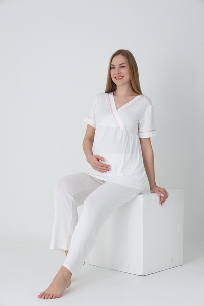Miss Dünya Lissa Maternity and Maternity Pajamas Set with Dressing Gown and Stripe Detail