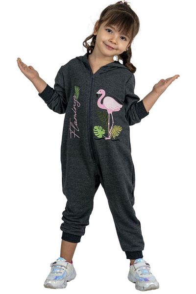 Riccotarz Flamingo Printed Baby Girl Smoked Jumpsuit with Zipper Front and Hood