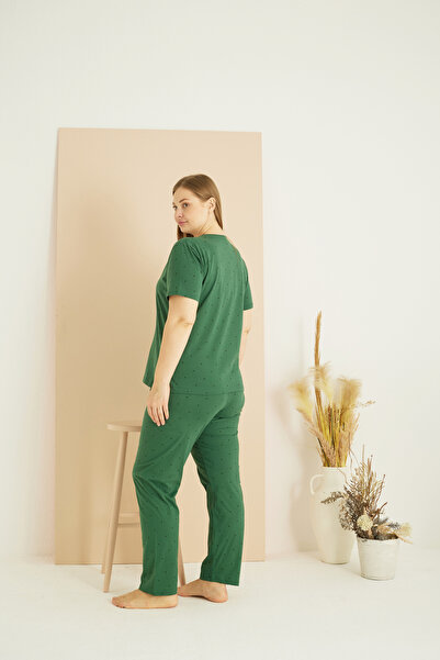 Siyah İnci Green Patterned Curve Plus Size Oversize Cotton Pajama Set 25103744