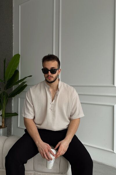 Livio Ferri Cămașă pentru bărbați Soro, cu aspect de in, cu mânecă scurtă, cu...