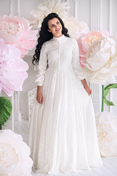 Muslima Wear White Dream Flower Patterned Pearl Button Detail Women's Dress