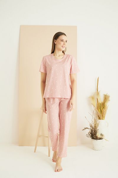 Siyah İnci Σετ πλεκτές πιτζάμες με στάμπα σε σκόνη Cotton Crew Neck 25107126