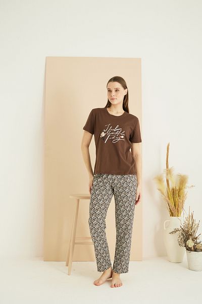 Siyah İnci Σετ πλεκτές πιτζάμες με καφέ σχέδιο Cotton Crew Neck 25103253