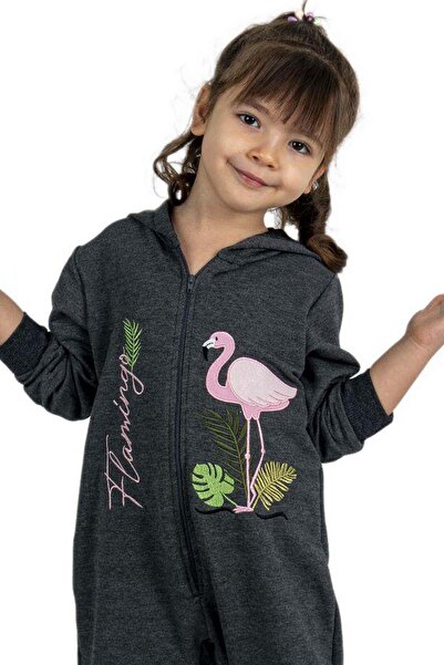 Riccotarz Flamingo Printed Baby Girl Smoked Jumpsuit with Zipper Front and Hood