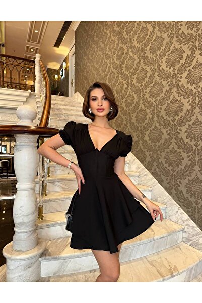 Stil Sepeti Kadın Siyah Premium Balon Kol Asimetrik Volanlı Korseli Mini Elbise ELY-10001661