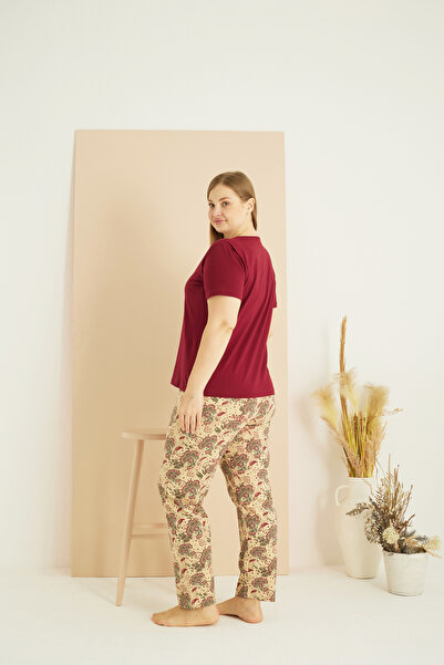Siyah İnci Burgundy Patterned Curve Plus Size Oversize Lace Detailed Cotton Pajama Set 25103715