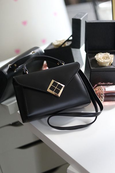 Moom Bag Women's Black Matte Texture Square Handbag with Gold Accessory Detail