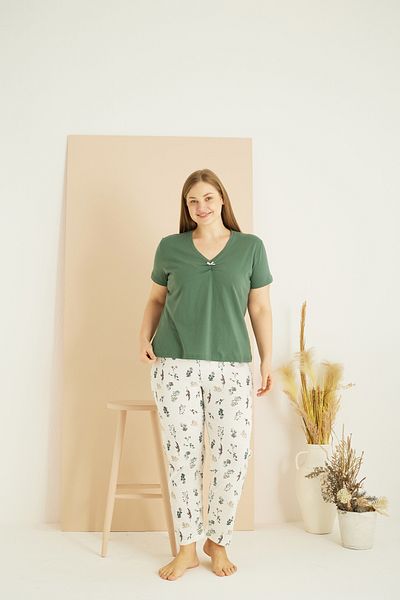 Siyah İnci Πράσινο μοτίβο Curve Plus Size Oversize Βαμβακερό Σετ Πιτζάμες 25103728