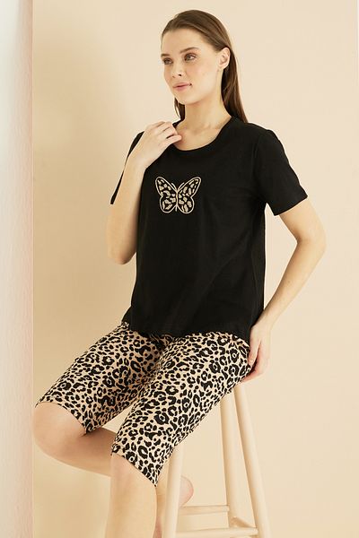Siyah İnci Set capri tricotat din bumbac cu decolteu rotund cu imprimeu leopard negru 25102152