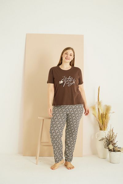Siyah İnci Καφέ σχέδιο Curve Plus Size Oversize Βαμβακερό Σετ Πιτζάμες 25103768