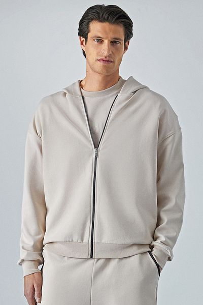 GRIMELANGE Ralf Men's Hooded Long Sleeve Print Detailed Zippered Oversize Light Gray Jacket