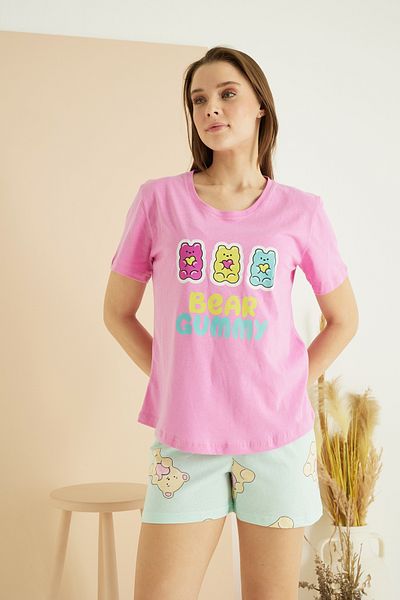 Siyah İnci Σετ πλεκτό σορτς με ροζ στάμπα Cotton Crew Neck 25105040