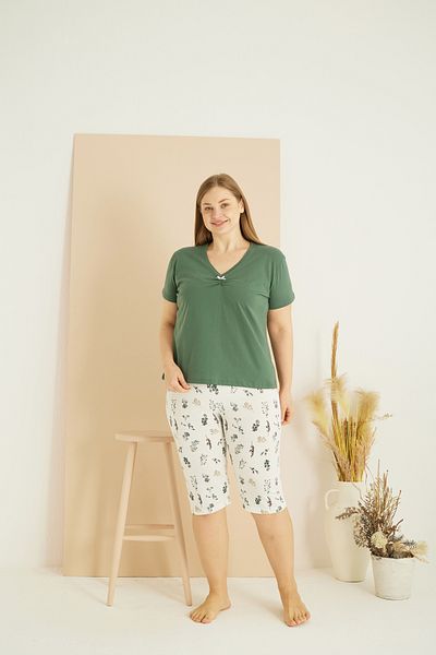 Siyah İnci Πράσινο μοτίβο Curve Plus Size Oversize Βαμβακερό Κάπρι Σετ 25102723