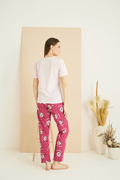 Siyah İnci açık pembe desenli Pamuklu Bisiklet Yaka Örme Pijama Takım25103244