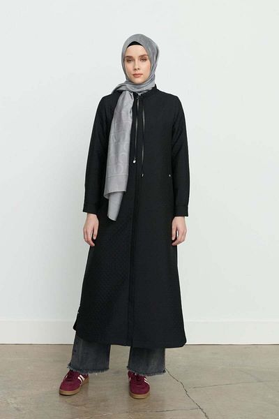 Nihan Thin Quilted Lace Detailed Overcoat - Black