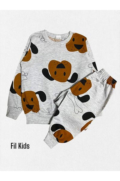 Fil Kids Boy's 100% Cotton Gray Cute Dog Patterned Long Sleeve Seasonal Pajama Set