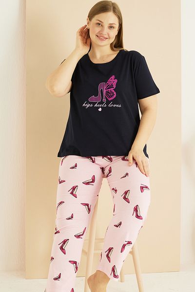 Siyah İnci Navy Blue Patterned Curve Plus Size Oversize Cotton Pajama Set 25103767