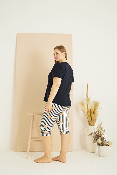 Siyah İnci Navy Blue Patterned Curve Plus Size Oversize Cotton Capri Suit 25102728