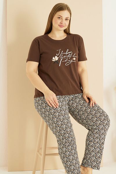 Siyah İnci Καφέ σχέδιο Curve Plus Size Oversize Βαμβακερό Σετ Πιτζάμες 25103768