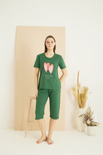 Siyah İnci Πράσινο σχέδιο Cotton Crew Neck Πλεκτό Κάπρι Σετ 25102181