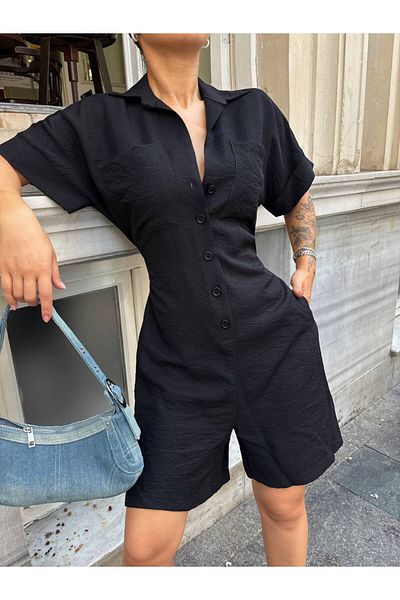 LB Laluna Butik Women's Button Closure Pocket Short Sleeve Shorts Jumpsuit