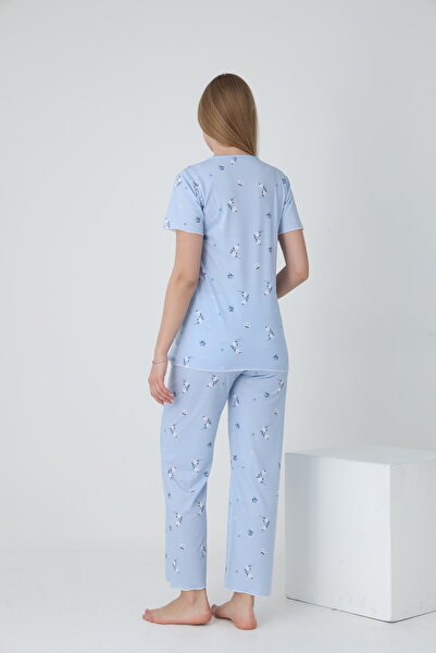 Miss Dünya Lissa Emzirmeye Uygun Kısa Kol Ayarlanabilir Lastik Bel Detaylı Baskılı Hamile ve Lohusa Pijama Takımı