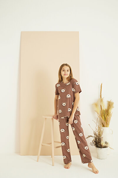 Siyah İnci Καφέ αρκουδάκι με σχέδιο Πλεκτό Σετ Πιτζάμες από βαμβακερό λαιμόκοψη 25107131