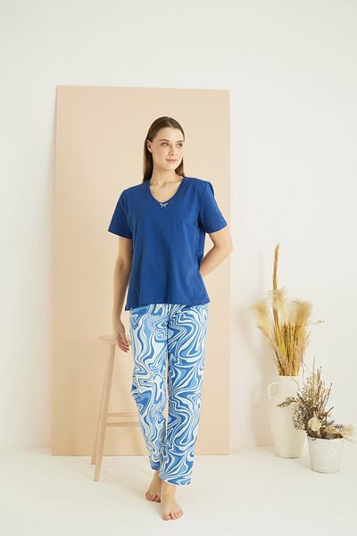 Siyah İnci Set de pijamale tricotate din bumbac cu decolteu cu imprimeu albastru 25103233