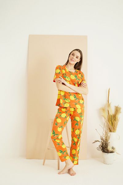 Siyah İnci Orange Patterned Cotton Crew Neck Knitted Pajama Set 25107130