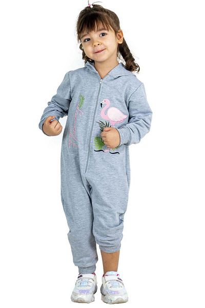 Riccotarz Flamingo Printed Baby Girl Ice Blue Jumpsuit with Zipper Front and Hood