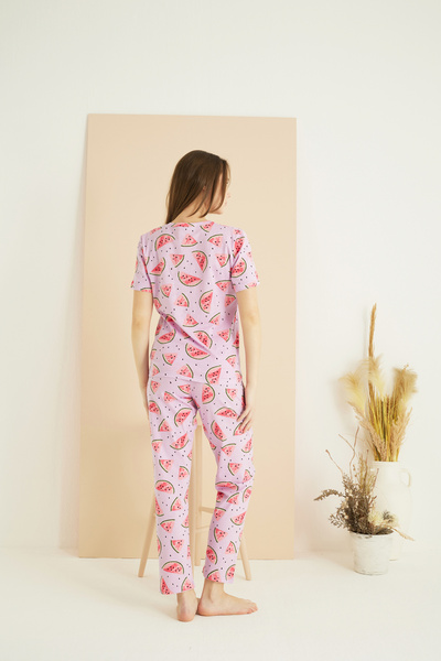 Siyah İnci Set de pijamale tricotate din bumbac cu decolteu rotund cu imprimeu liliac 25107137