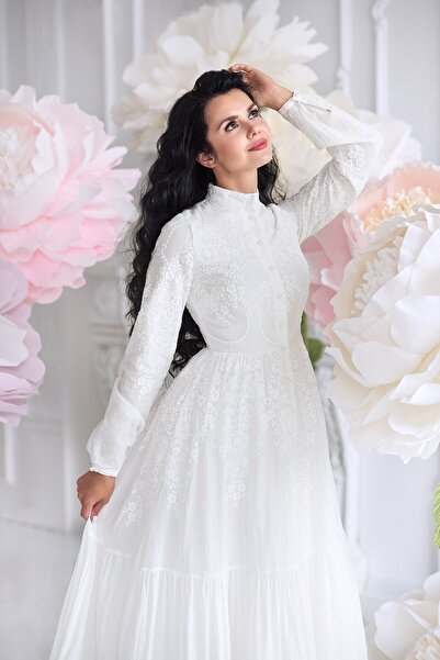 Muslima Wear White Dream Flower Patterned Pearl Button Detail Women's Dress