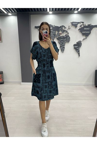 Denismoda Women's Midi Length V-Neck Patterned Waist Gimped Pocket Dress