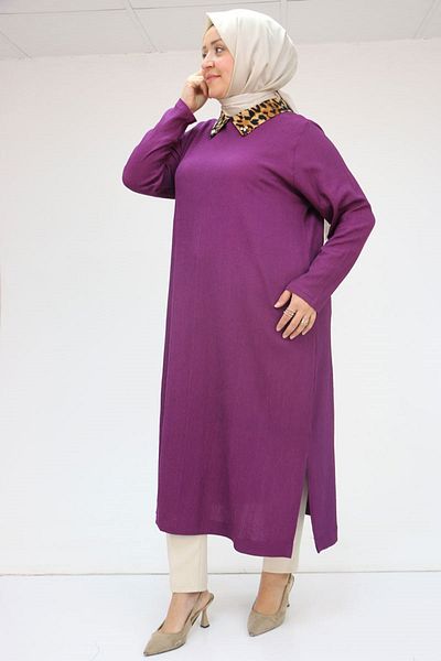Eslina 58012 Large Size Combination Men's Collared Wrap Tunic - Plum