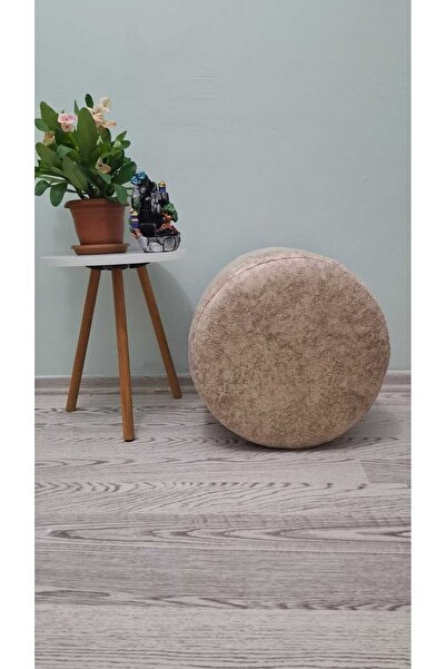 Papuli Ahşap Ayaklı Koyu Krem Nubuk Yuvarlak Puf&bench Koltuk/tabure