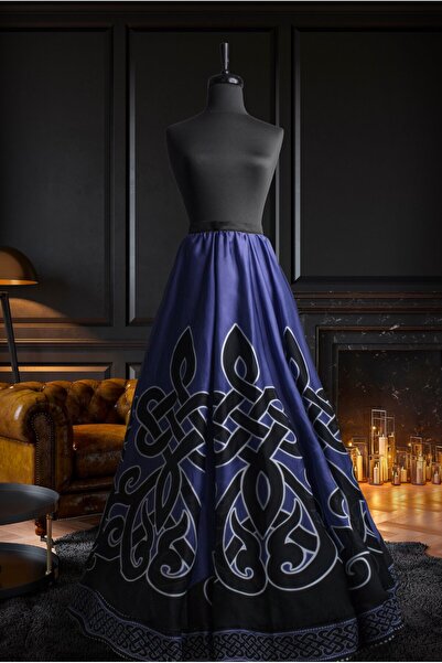 Muslima Wear Zirve Mavi Siyah Oyma Desenli İpeksi Dokulu Şifon Etek