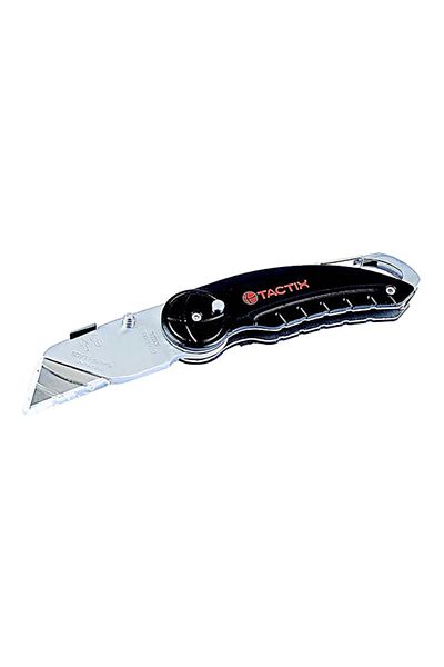 Tactix Stainless Steel Folding Utility Knife with Blades and Belt Clip Black and Silver
