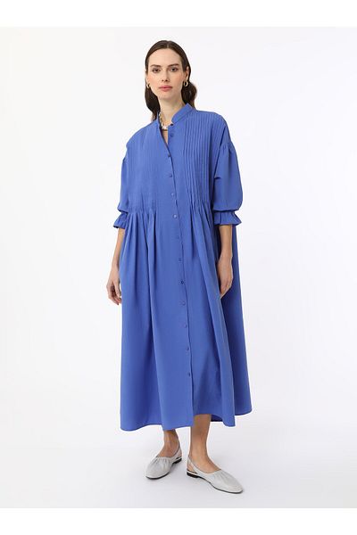 Benin Embroidered Hijab Dress with Ribbed Detail and Elastic Sleeves - Indigo - Benin