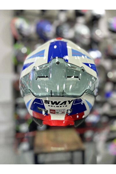 Sway 865 Titan Beyaz Mavi Kapalı Kask Güneş Vizörlü