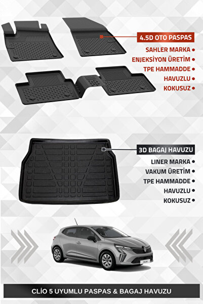 Sahler Renault Clio 5 2020+ Uyumlu 4.5D SAHLER Premium Havuzlu Paspas ve Liner Marka 3D Bagaj Havuzu