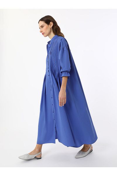 Benin Embroidered Hijab Dress with Ribbed Detail and Elastic Sleeves - Indigo - Benin