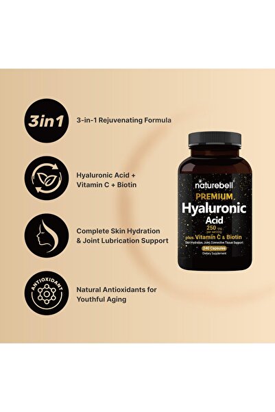 Naturebell Hyaluronic Acid 250mg, Biotin 5000mcg, Vitamin C 25mg - 240 Capsules for Skin, Hair, Joints & Eyes