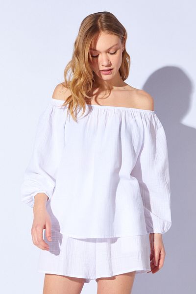Manche Collar, Shoulder and Sleeve Elastic Long Sleeve Muslin Blouse on a White Boat