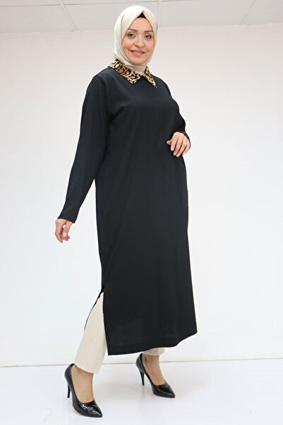 Eslina 58012 Ανδρικό γιακά Σπαστό Τουνίκ συνδυασμού Plus Size - Μαύρο