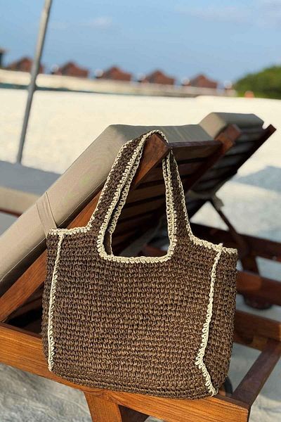 Ka Hijab Stripe Detail Lined Knitted Straw Beach Bag 48X30 - Brown