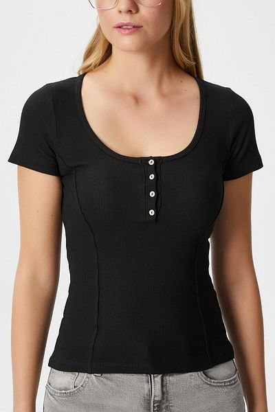 Ritnice Bluză neagră cu mânecă scurtă, cu nasturi, cu aspect de corset Elena