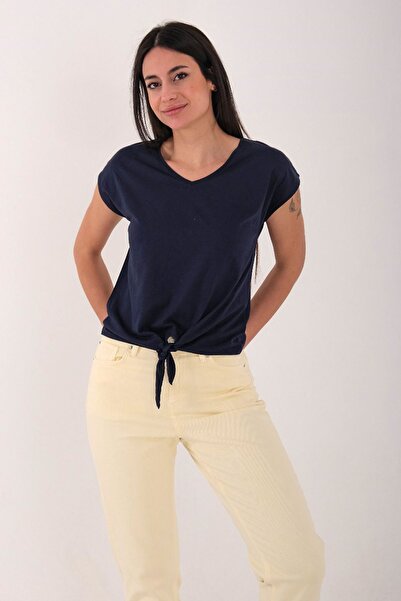 Blues Outlet بلوزة نسائية من القطن الممشط برقبة على شكل حرف V - أزرق داكن