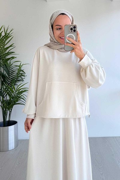 Ka Hijab Σετ Kangaroo Pocket Oysh Υφασμάτινο Διπλό Σετ με Φούστα - Εκρού